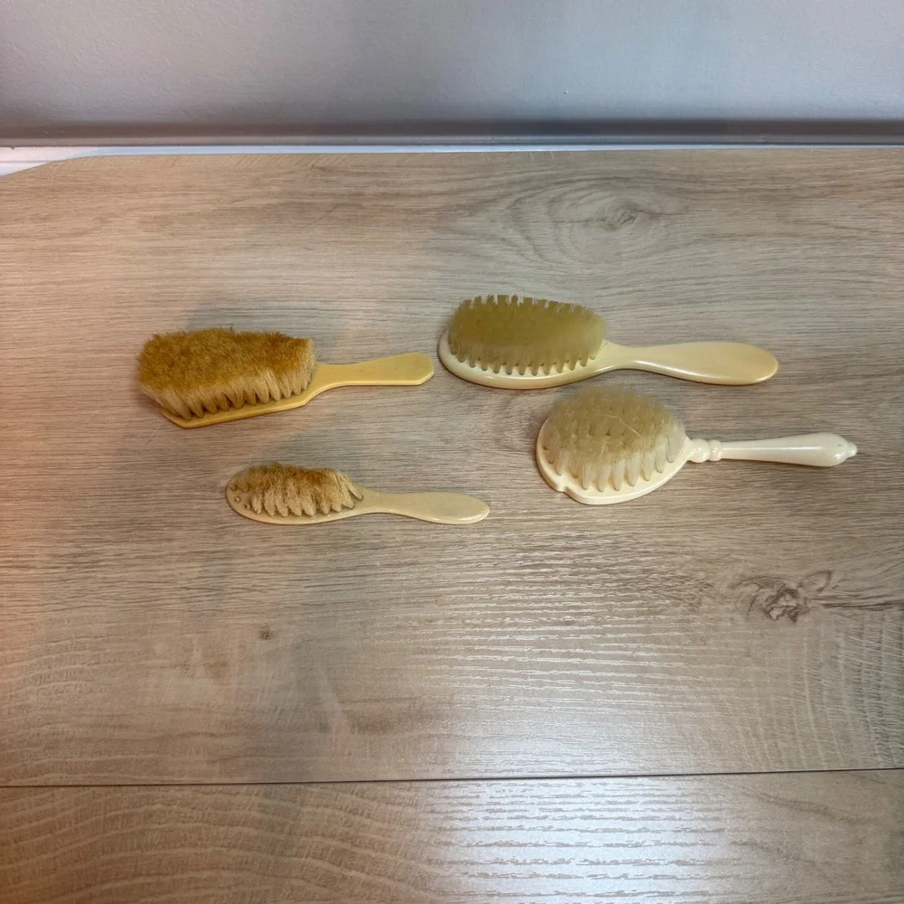 Vintage Baby Hair Brush Set 4pc Ducklings Floral Rose Celluloid Retro Nursery